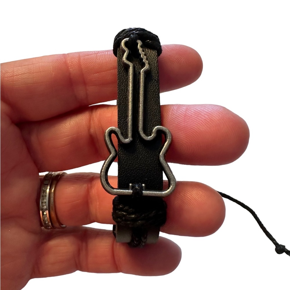 Black and Silver Guitar Leather Bracelet